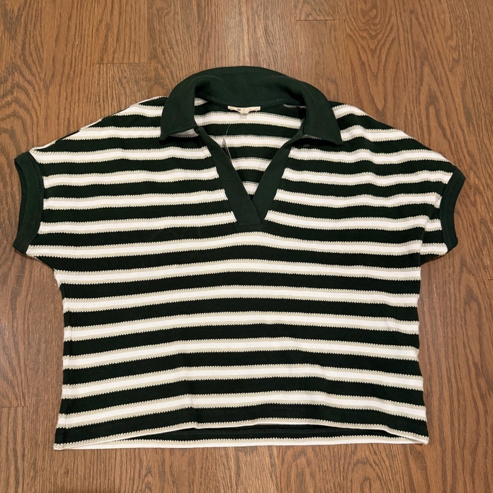 Madewell Relaxed V-Neck Polo Shirt in Stripe Green Size XS - Picture 10 of 13